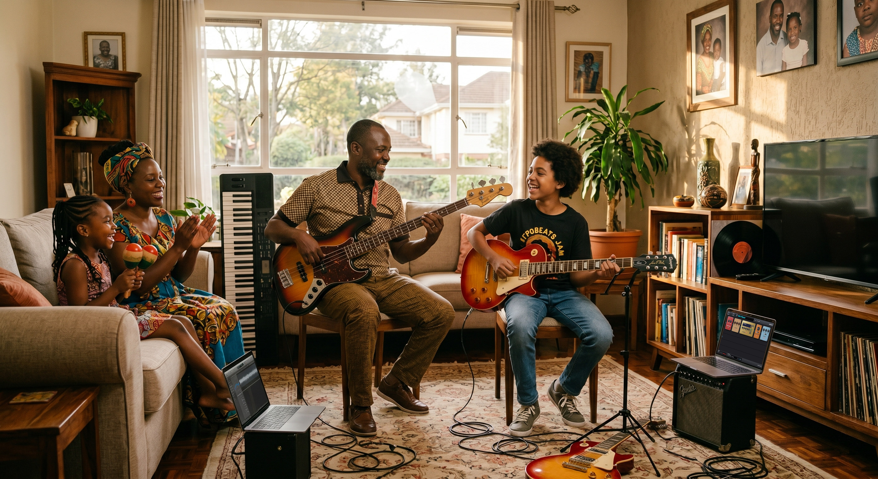 Father and son play music together in the livingroom, using Markijak on laptop of his small Fender amplifier.
