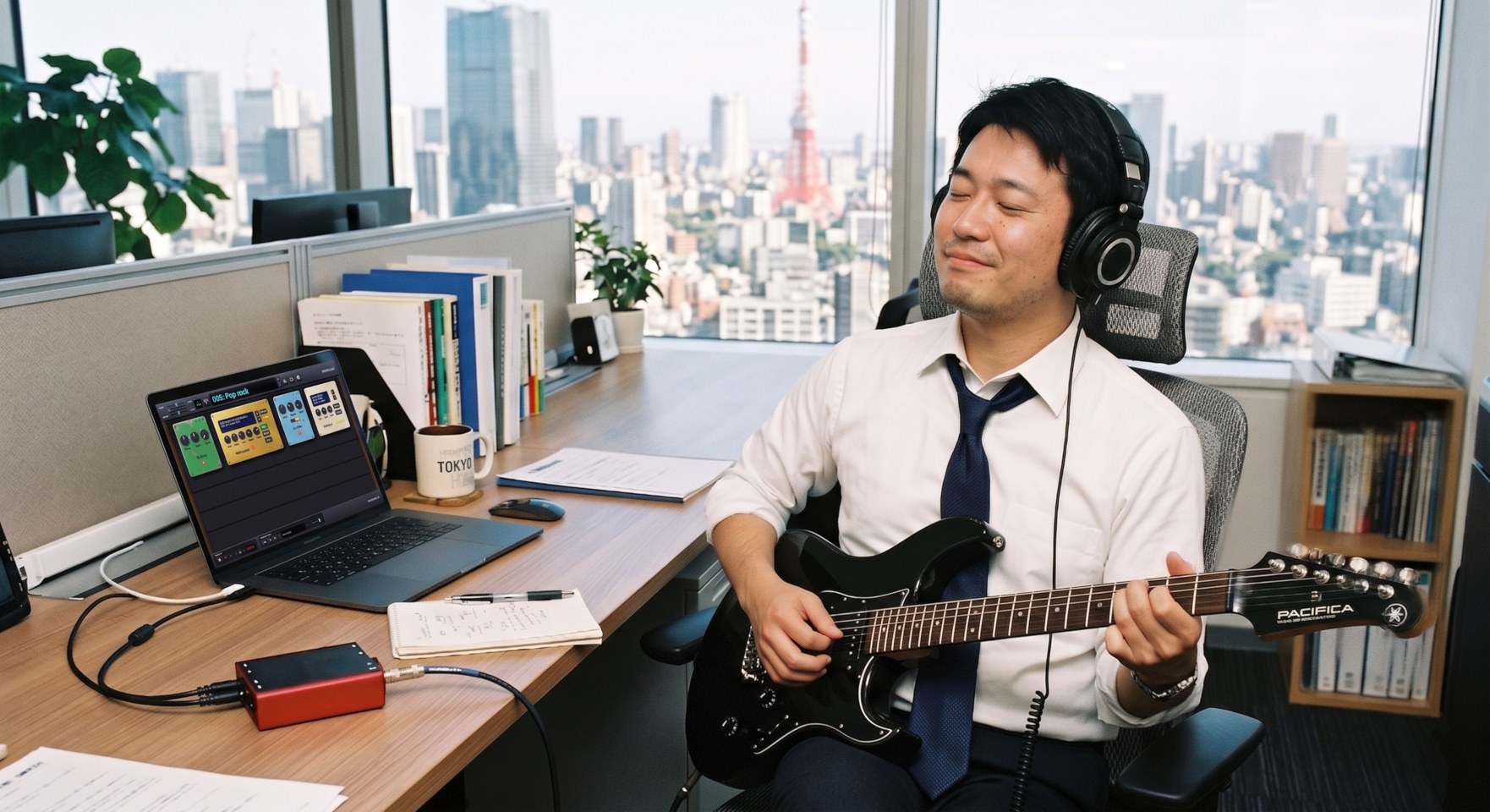 An employee plays his guitar after work hour with Markijak software running on his laptop to the headphone.