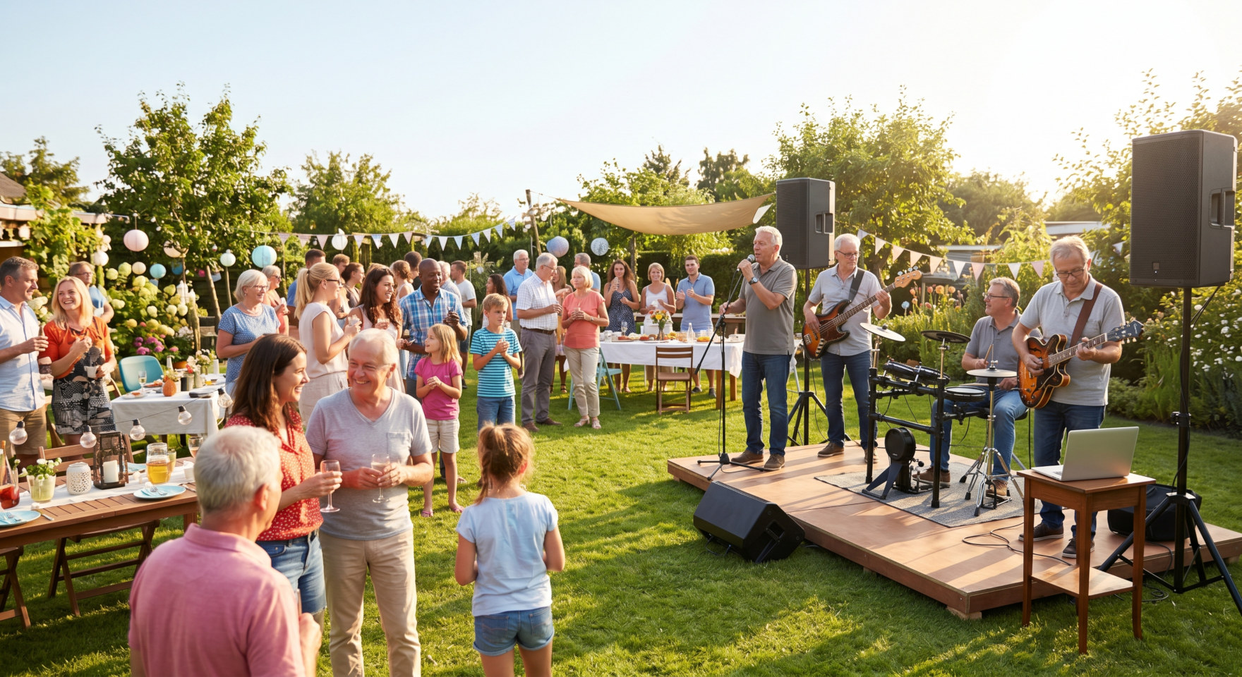 Garden party band, with the guitarist run his guitar through Markijak to PA system.