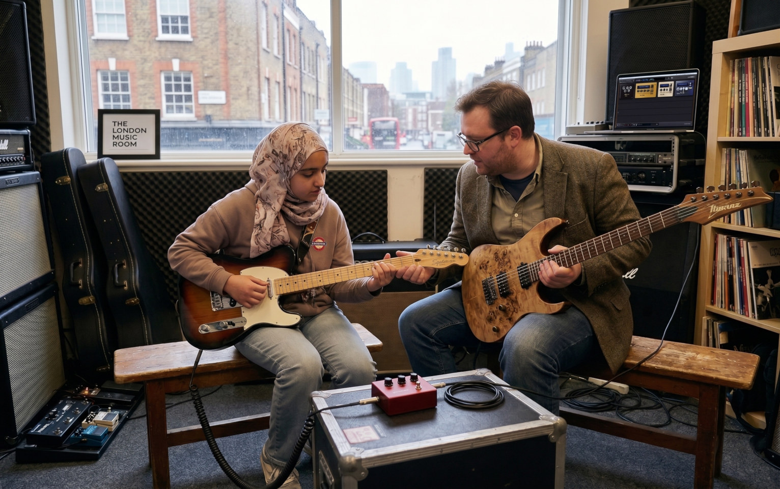 A music teacher uses Markijak to teach guitar techniques to his student.